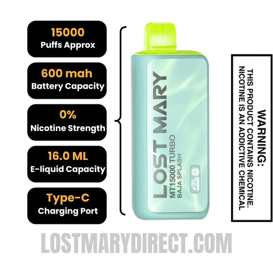 Baja Splash Lost Mary MT15000 Turbo Vape - 0% Nic Specifications Baja Splash Lost Mary MT15000 Turbo Vape - 0% Nic Specifications