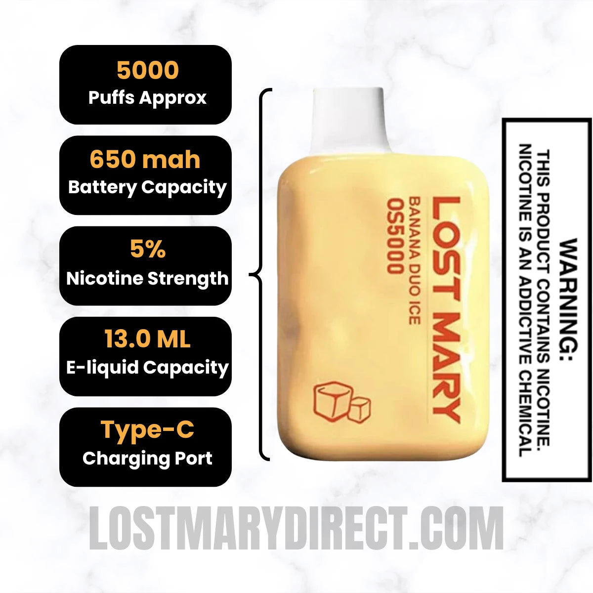 Banana Duo Ice Lost Mary OS5000 Frozen edition Vape Specifications Banana Duo Ice Lost Mary OS5000 Frozen edition Vape Specifications