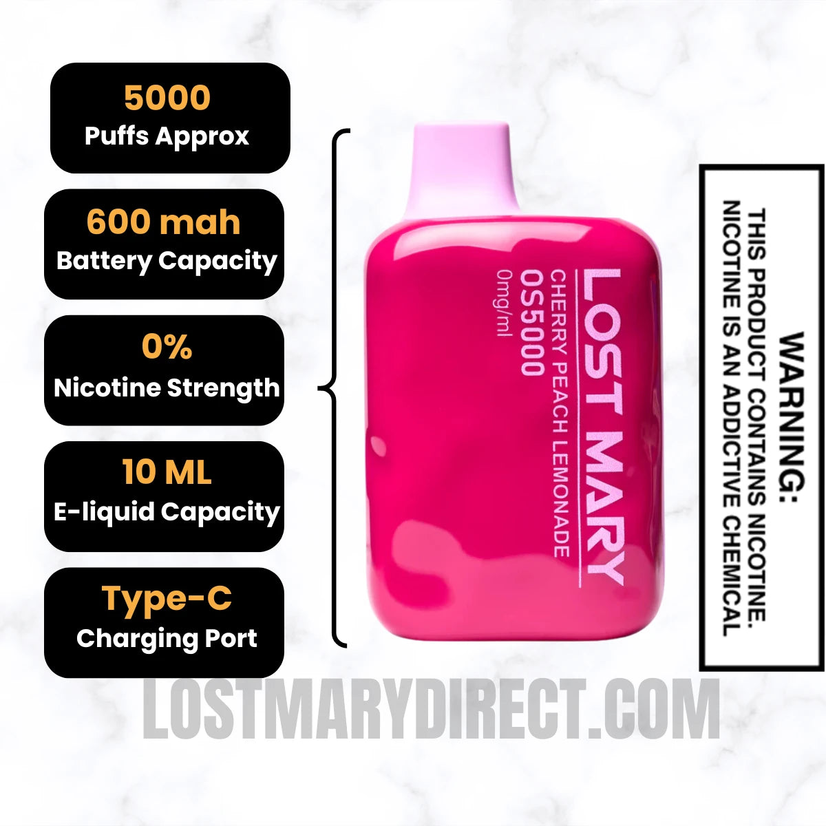 Cherry Peach Lemonade Lost Mary OS5000 Zero Nicotine Vape Specifications Cherry Peach Lemonade Lost Mary OS5000 Zero Nicotine Vape Specifications
