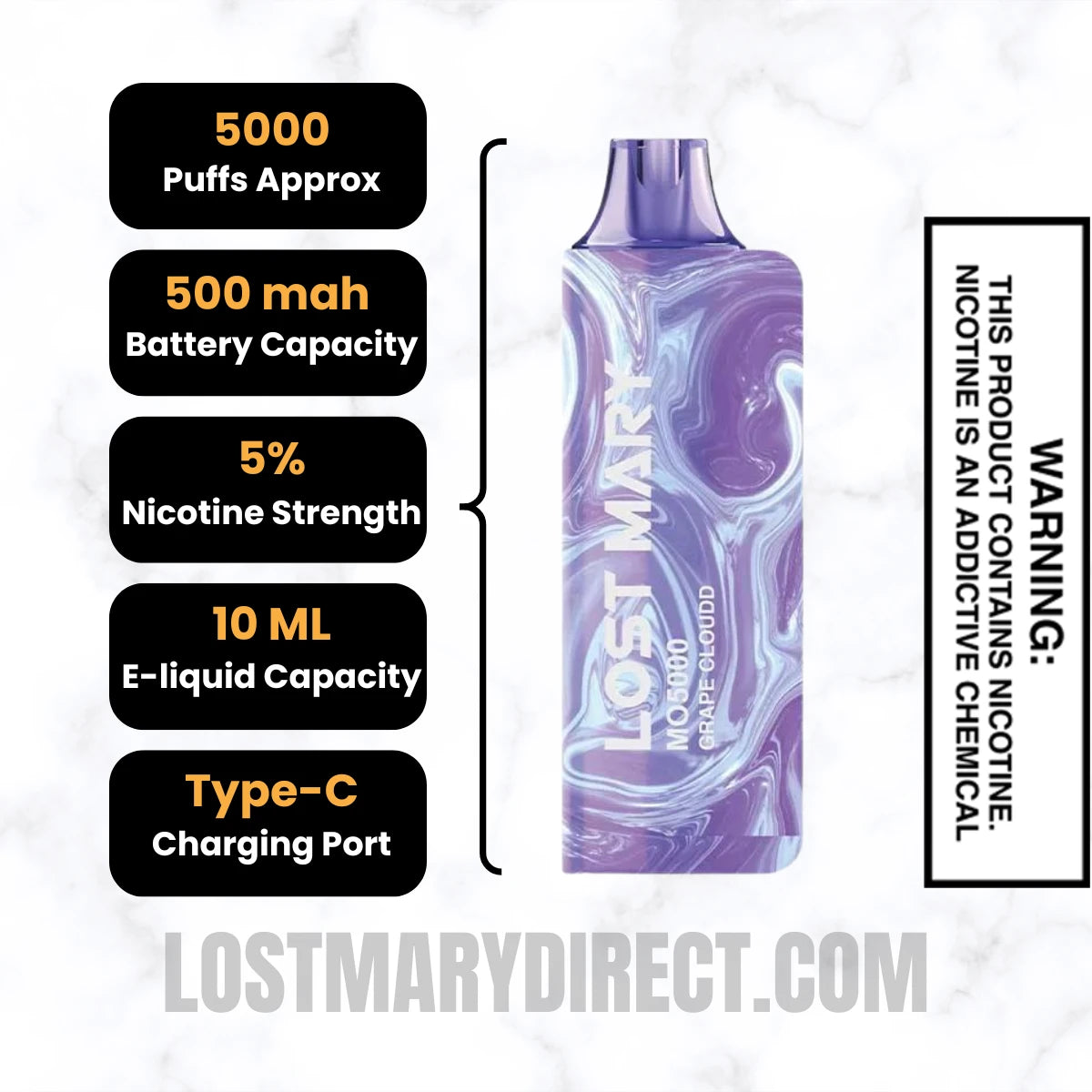 Grape Cloudd Lost Mary MO5000 Disposable Vape Specifications Grape Cloudd Lost Mary MO5000 Disposable Vape Specifications
