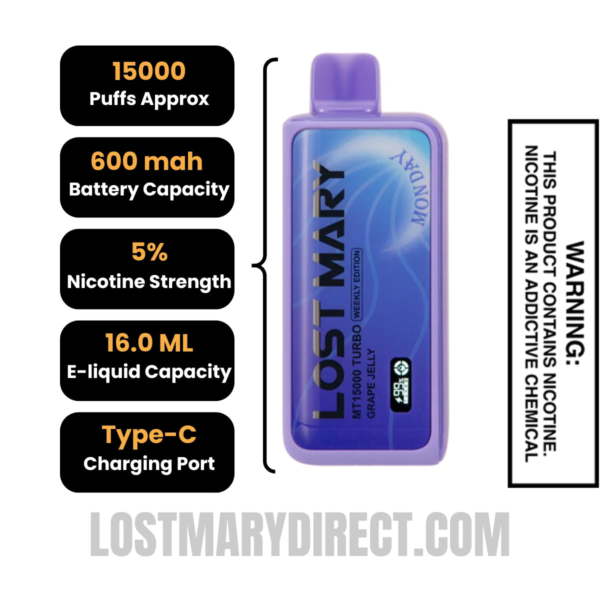 Grape Jelly Lost Mary MT15000 TURBO (Monday) Vape Specifications Grape Jelly Lost Mary MT15000 TURBO (Monday) Vape Specifications