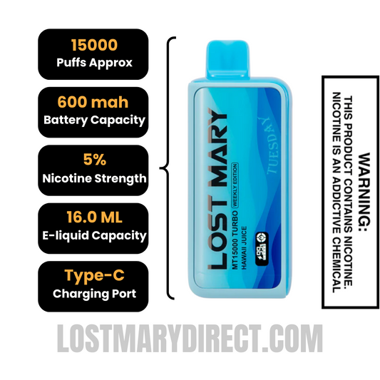 Hawaii Juice Lost Mary MT15000 TURBO (Tuesday) Vape Specifications Hawaii Juice Lost Mary MT15000 TURBO (Tuesday) Vape Specifications