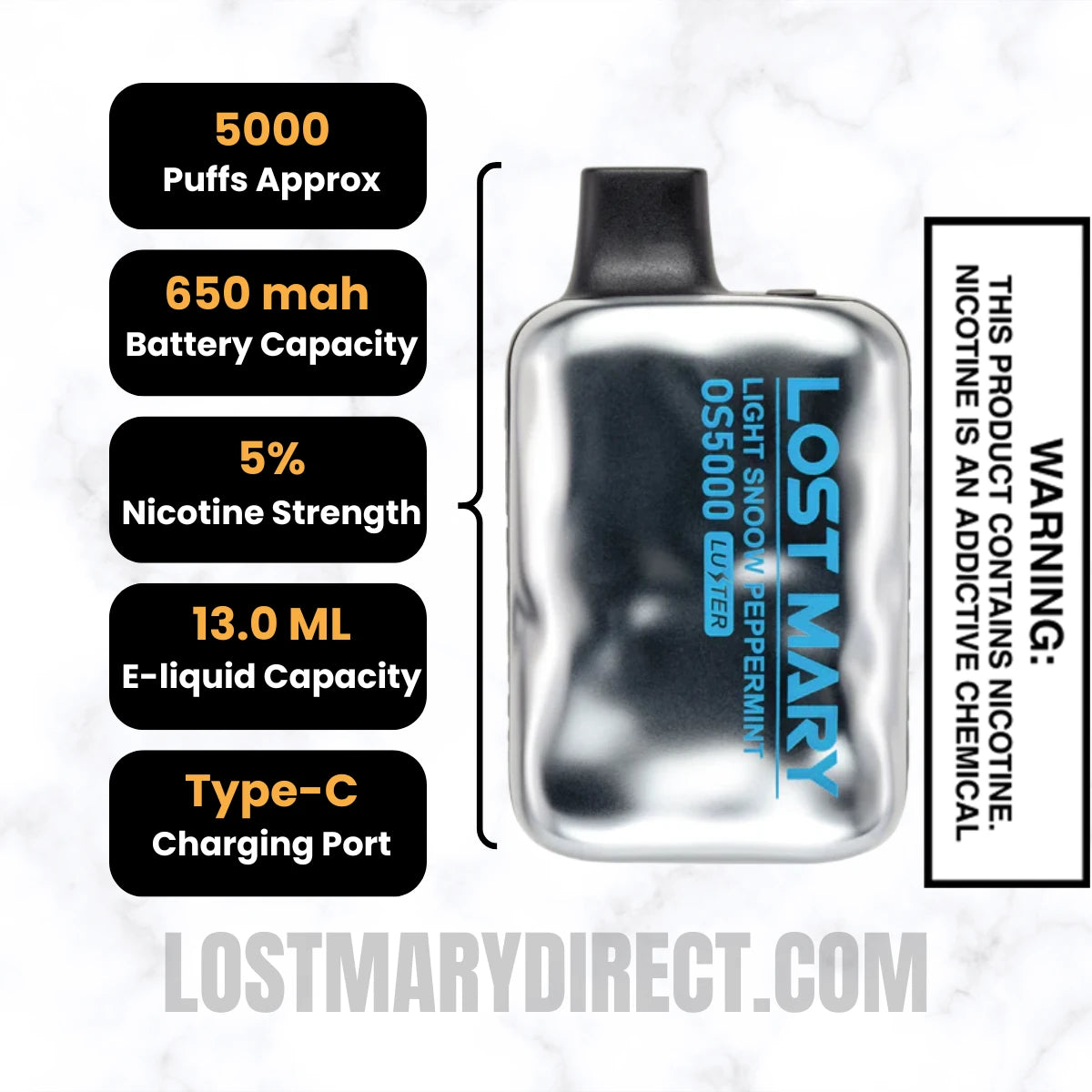 Light Snow Peppermint Lost Mary OS5000 Luster Edition Vape Specifications Light Snow Peppermint Lost Mary OS5000 Luster Edition Vape Specifications
