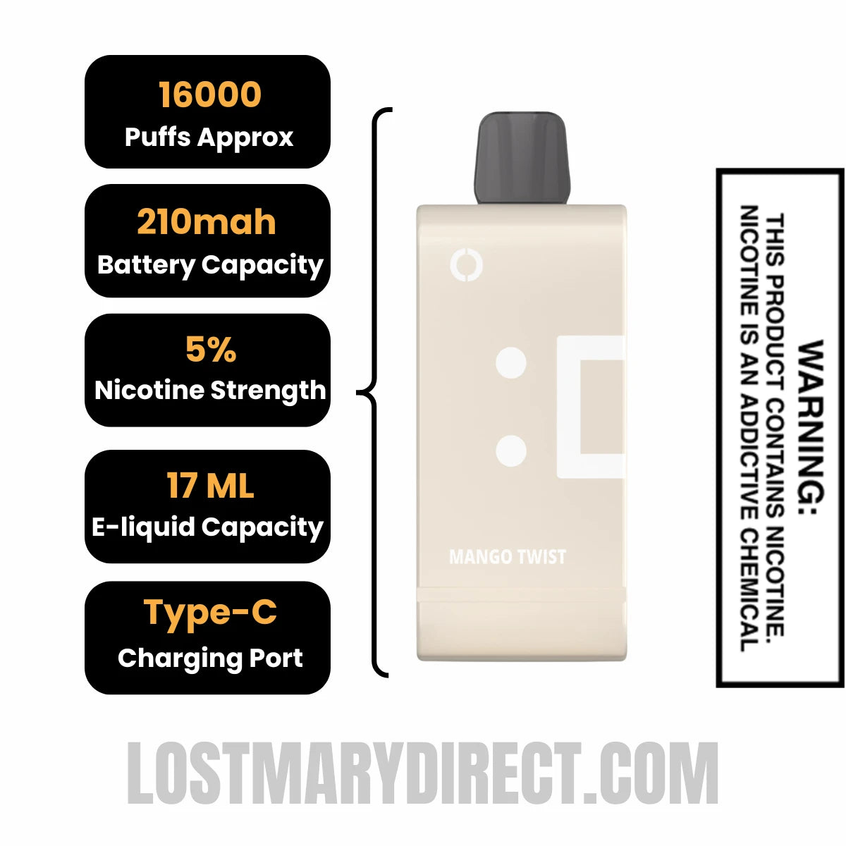 Mango Twist Off Stamp SW16000 Disposable Pod Specifications Mango Twist Off Stamp SW16000 Disposable Pod Specifications