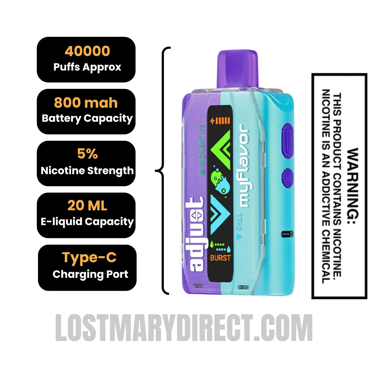 Midnight Ice Chill Adjust MyFlavor 40K Disposable Vape Specification Midnight Ice Chill Adjust MyFlavor 40K Disposable Vape Specification