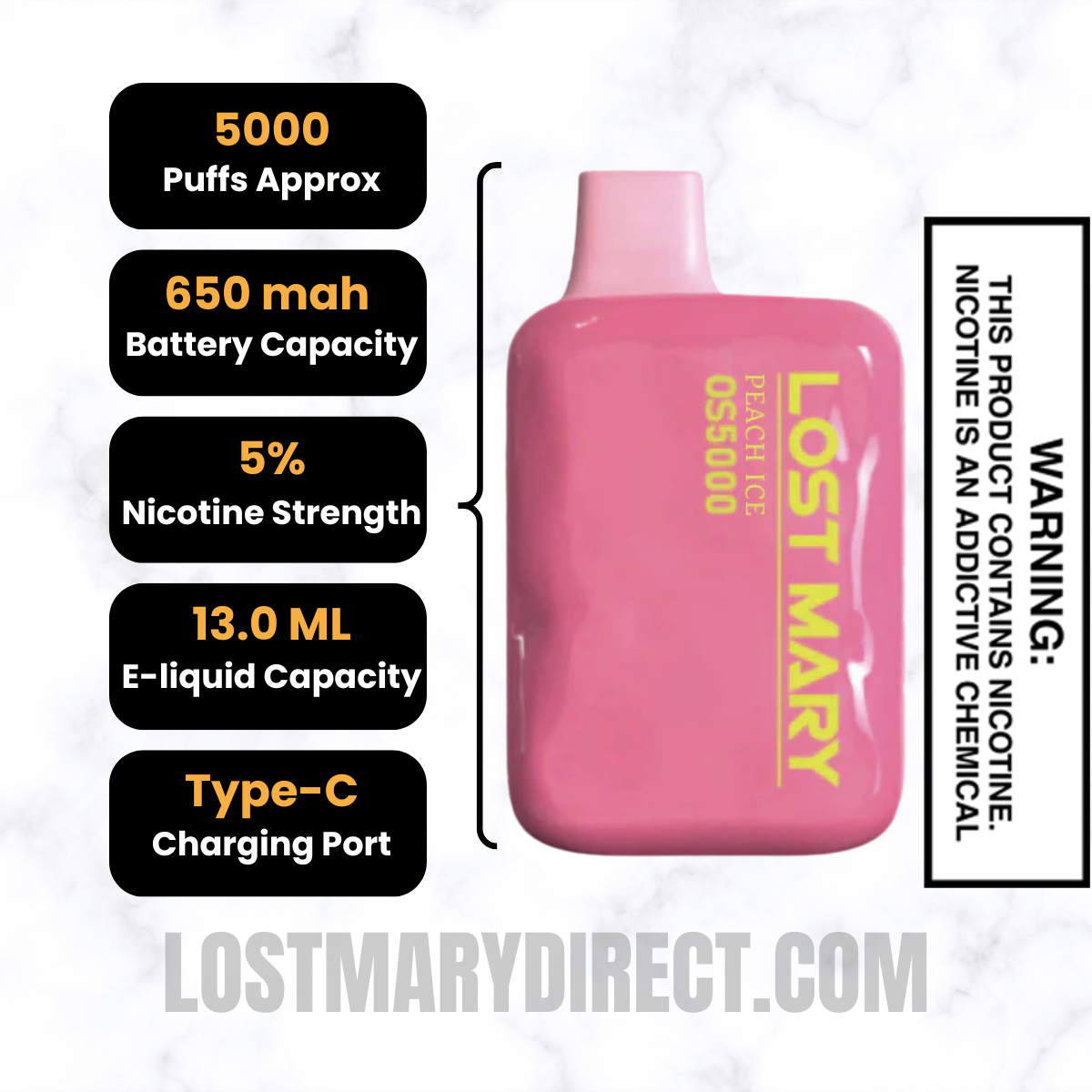 Peach Ice Lost Mary OS5000 Disposable Vape Specifications Peach Ice Lost Mary OS5000 Disposable Vape Specifications