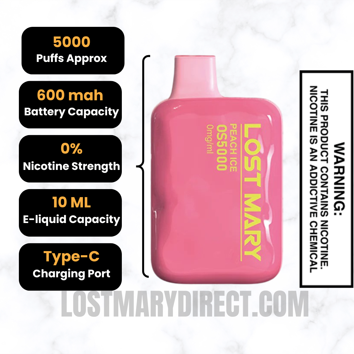 Peach Ice Lost Mary OS5000 Zero Nicotine Vape Specifications Peach Ice Lost Mary OS5000 Zero Nicotine Vape Specifications