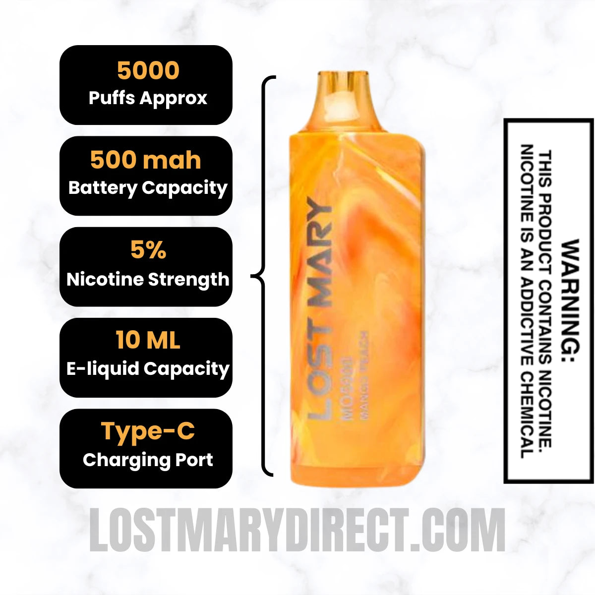 Peach Mango Lost Mary MO5000 Disposable Vape Specifications Peach Mango Lost Mary MO5000 Disposable Vape Specifications