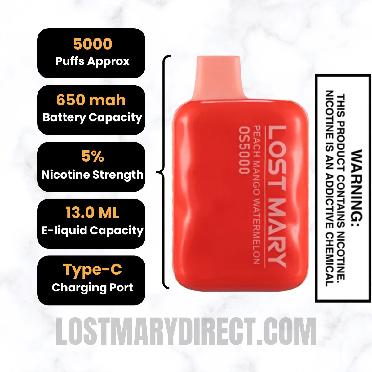 Peach Mango Watermelon Lost Mary OS5000 Disposable Vape Specifications Peach Mango Watermelon Lost Mary OS5000 Disposable Vape Specifications