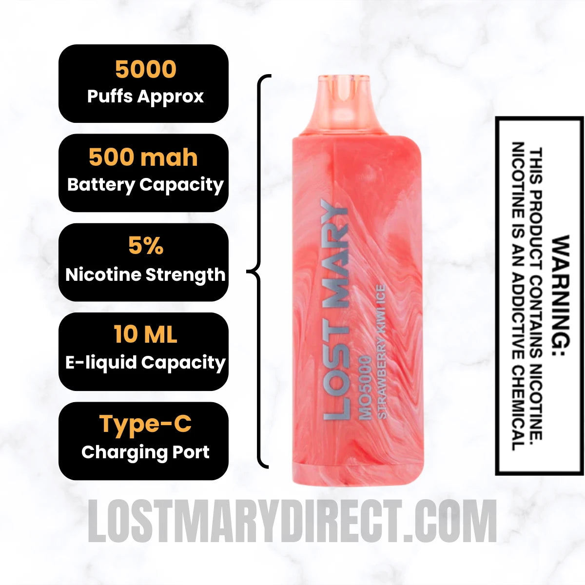 Strawberry Kiwi Ice Lost Mary MO5000 Disposable Vape Specifications Strawberry Kiwi Ice Lost Mary MO5000 Disposable Vape Specifications