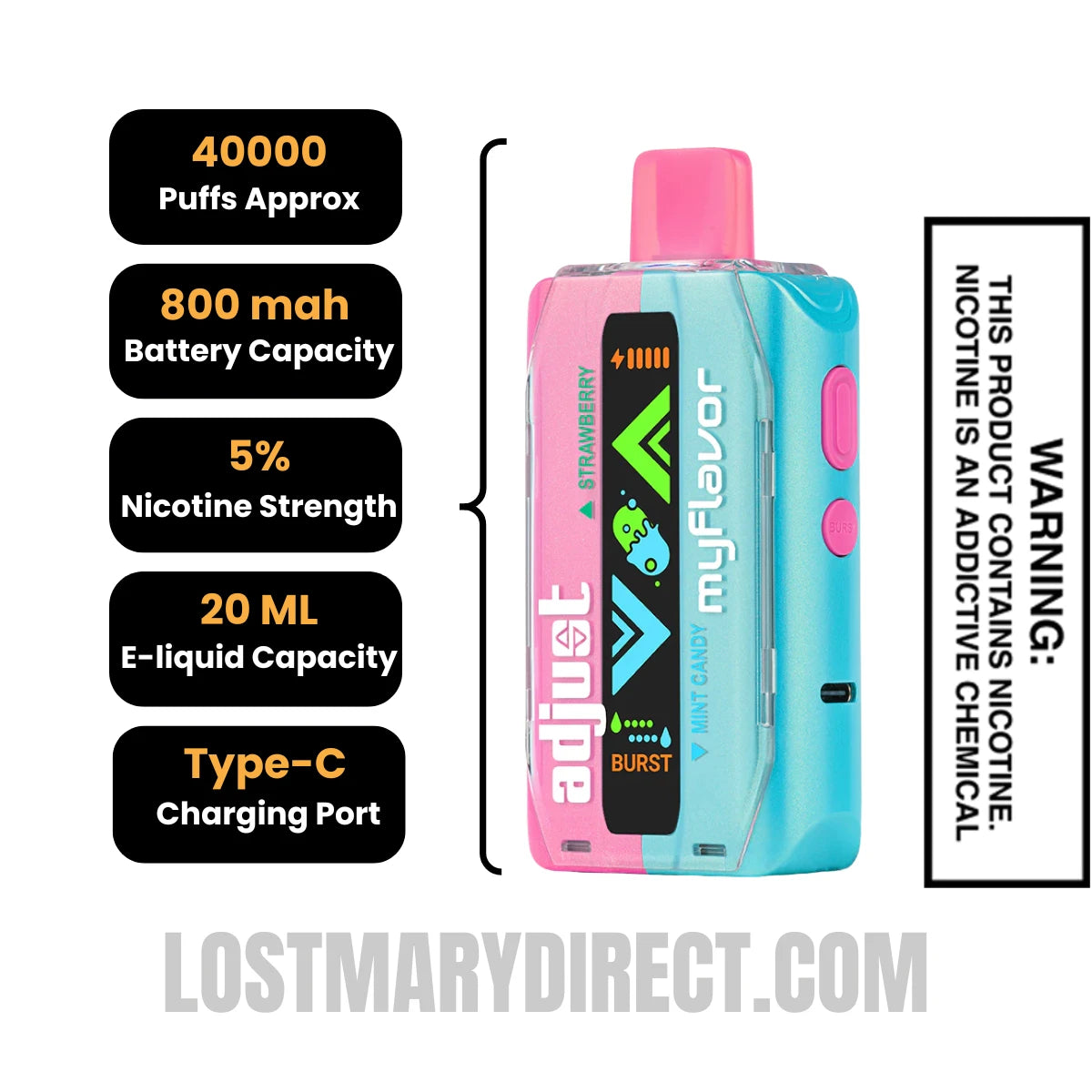 Strawberry Mint Candy Adjust MyFlavor 40K Disposable Vape Specifications Strawberry Mint Candy Adjust MyFlavor 40K Disposable Vape Specifications