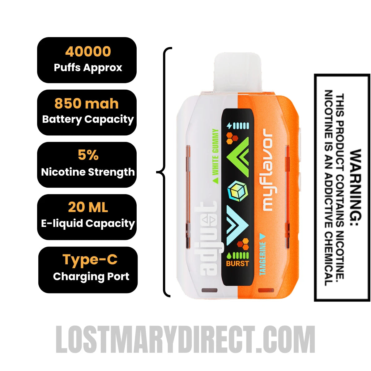 Tangerine White Gummy Adjust MyFlavor 40K Disposable Vape Specifcations Tangerine White Gummy Adjust MyFlavor 40K Disposable Vape Specifcations