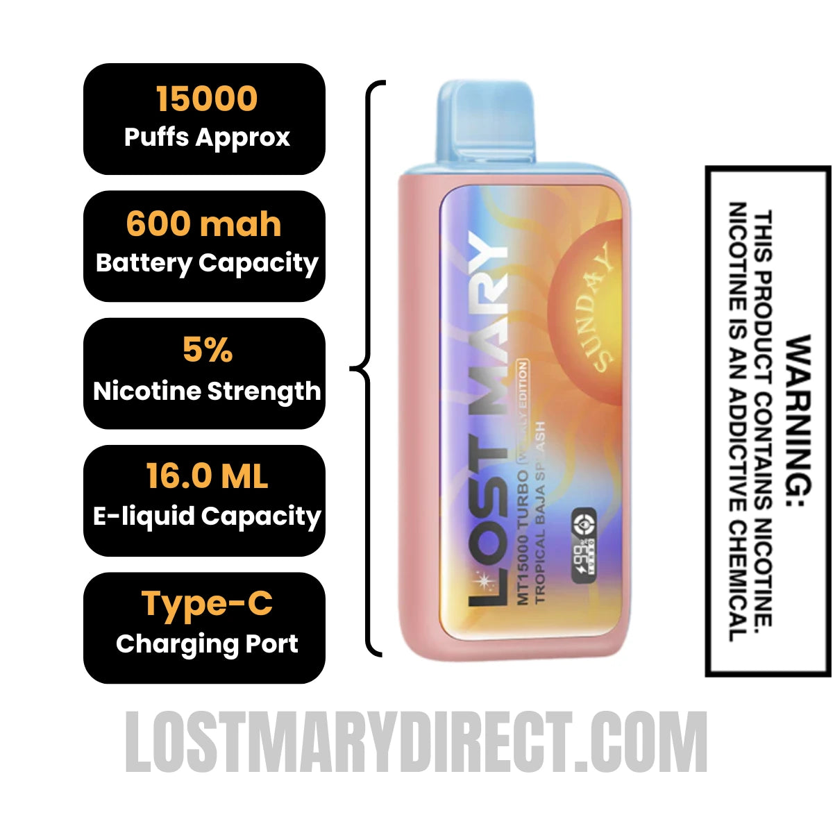 Tropical Baja Splash Lost Mary MT15000 TURBO (Sunday) Vape Specifications Tropical Baja Splash Lost Mary MT15000 TURBO (Sunday) Vape Specifications