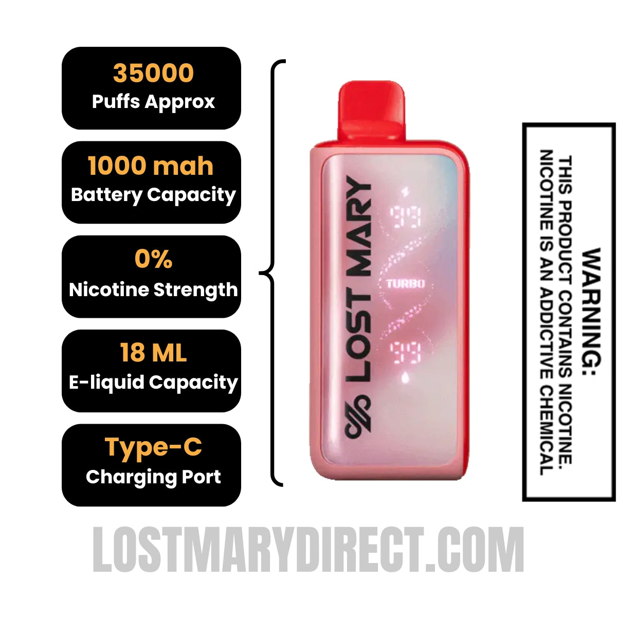 Watermelon+ Lost Mary MT35000 Disposable Vape - 0% Nic Specifications Watermelon+ Lost Mary MT35000 Disposable Vape - 0% Nic Specifications