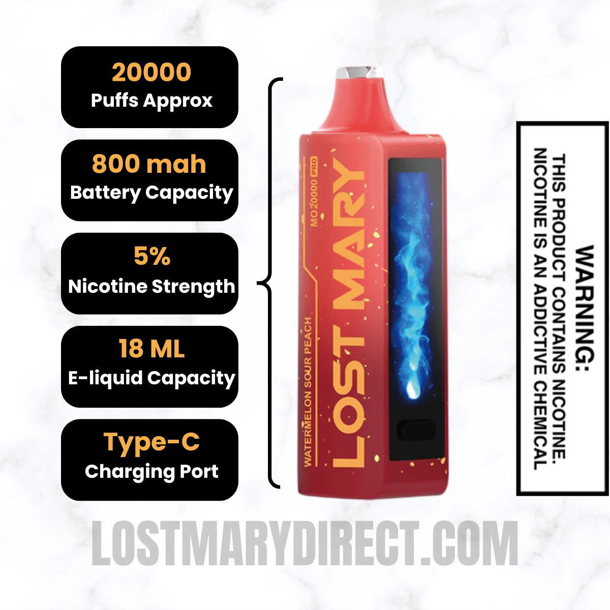 Watermelon Sour Peach Lost Mary MO20000 PRO Diposable Vape Specifications Watermelon Sour Peach Lost Mary MO20000 PRO Diposable Vape Specifications