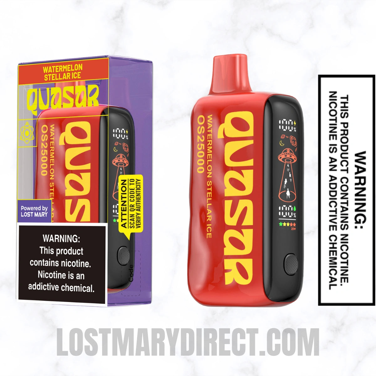 Watermelon Stellar Ice Lost Mary Quasar OS25000 Diposable Vape with package box Watermelon Stellar Ice Lost Mary Quasar OS25000 Diposable Vape with package box