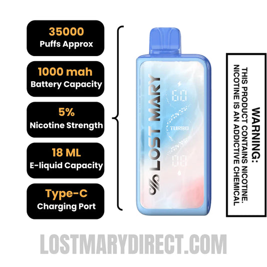White Gami Lost Mary MT35000 Turbo Vape Specification White Gami Lost Mary MT35000 Turbo Vape Specification
