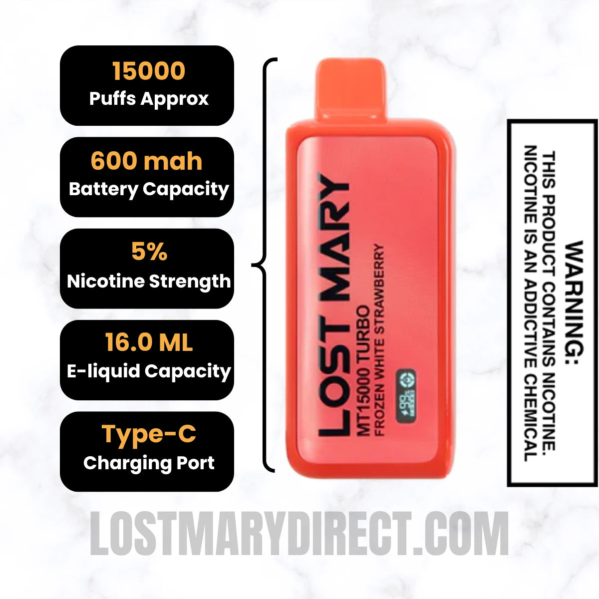 White Strawberry Lost Mary MT15000 TURBO Frozen Edition Specifications White Strawberry Lost Mary MT15000 TURBO Frozen Edition Specifications