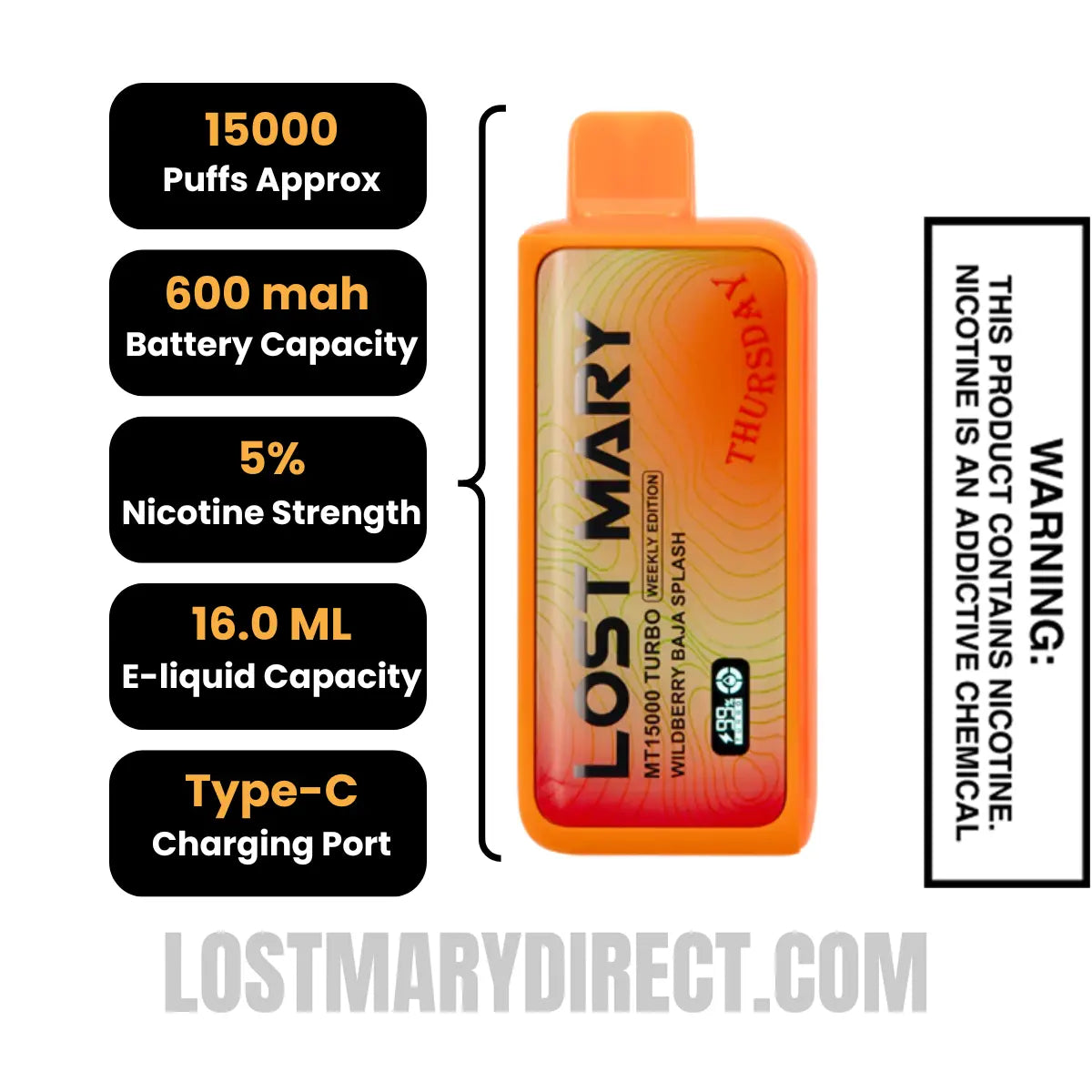 Wildberry Baja Splash Lost Mary MT15000 TURBO (Thursday) Vape Specifications Wildberry Baja Splash Lost Mary MT15000 TURBO (Thursday) Vape Specifications
