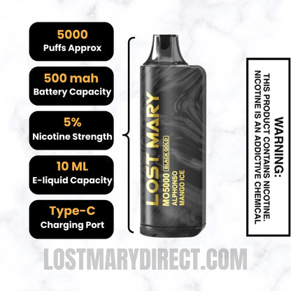 Alphonso Mango Ice Lost Mary MO5000 Disposable Vape Specifications