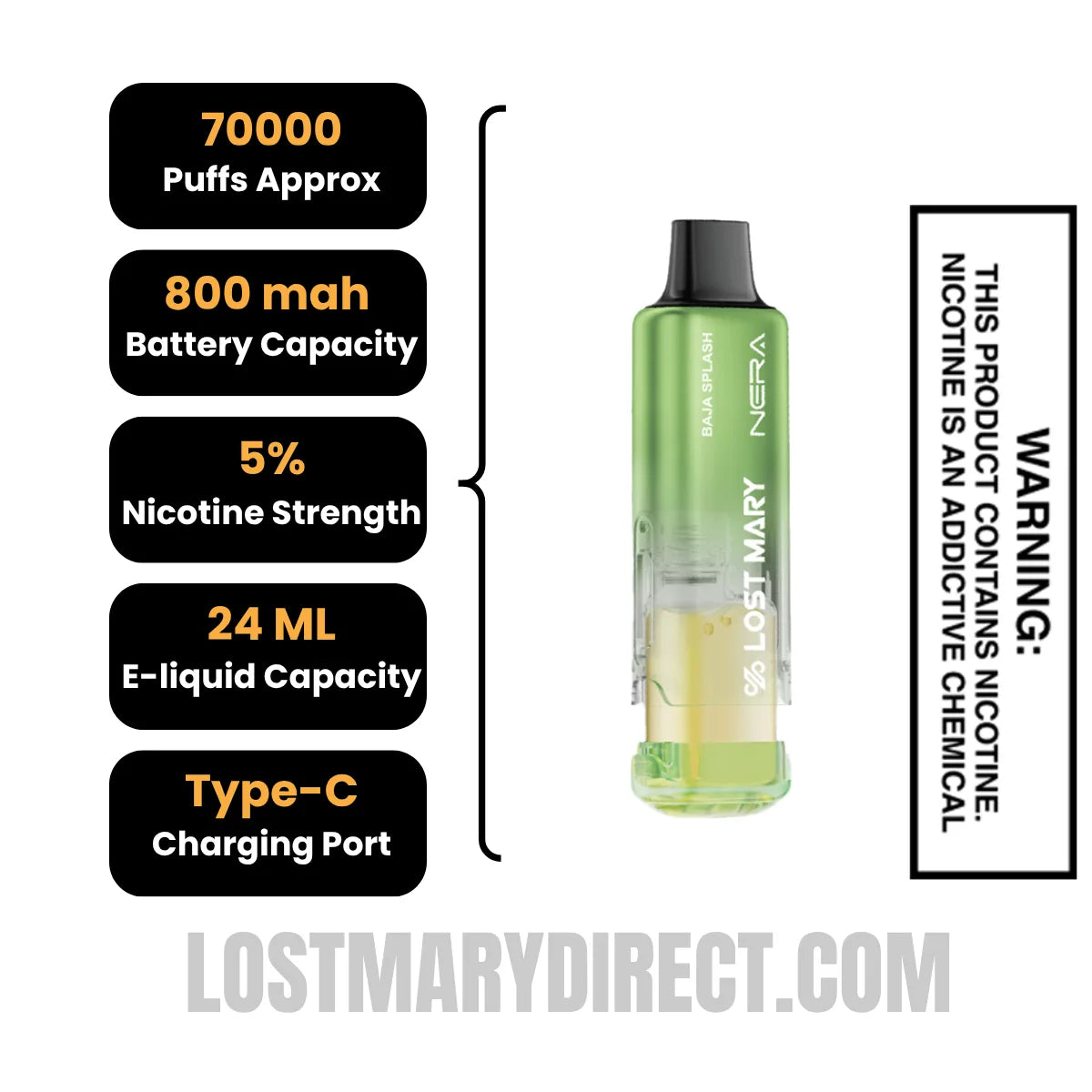 Baja Splash Lost Mary Nera Fullview 70K Disposable Vape Pod with specifications