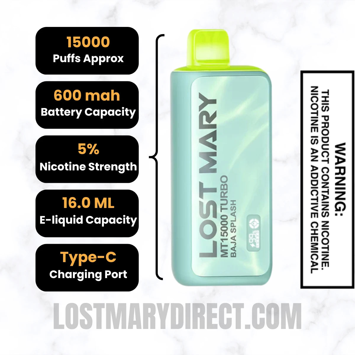 Baja Splash Lost Mary MT15000 TURBO Vape Specifications