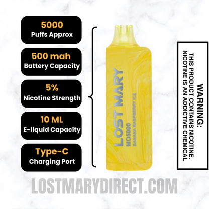 Banana Raspberry Ice Lost Mary MO5000 Disposable Vape Specifications