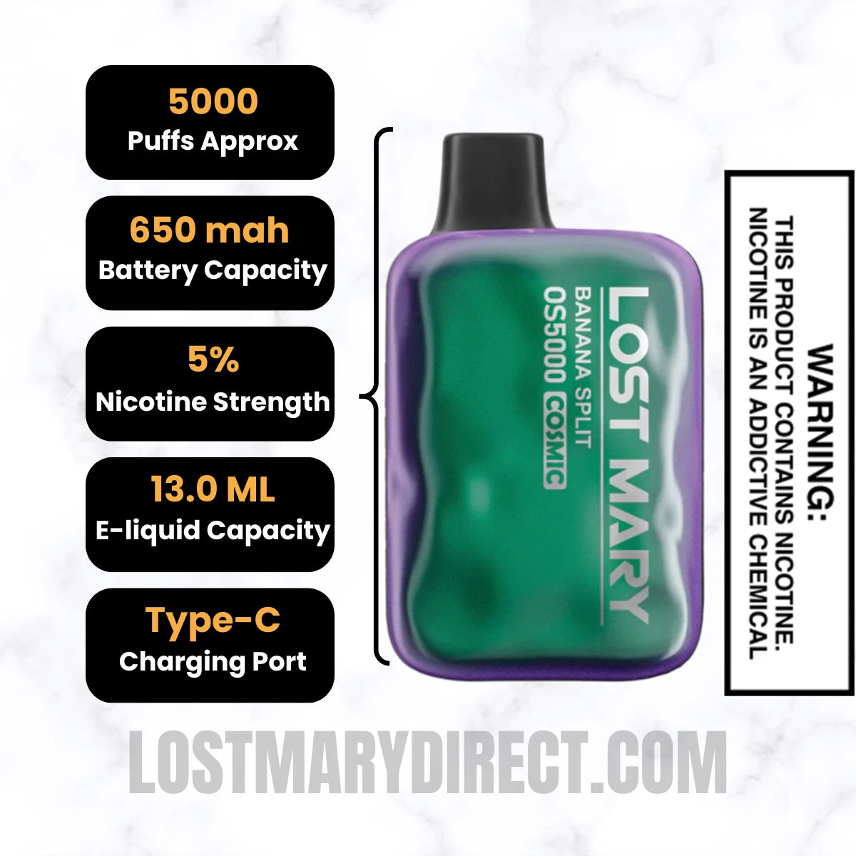 Banana Split Lost Mary OS5000 Cosmic Edition Vape Specifications