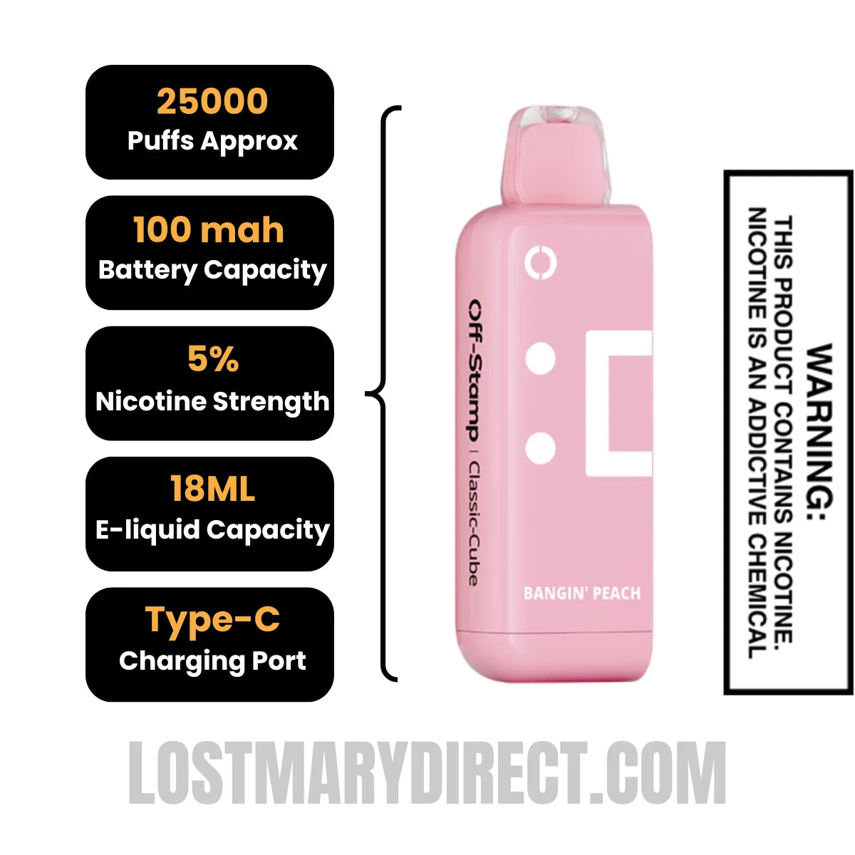 Bangin Peach Off Stamp Classic Cube 25K Disposable Pod Specifications