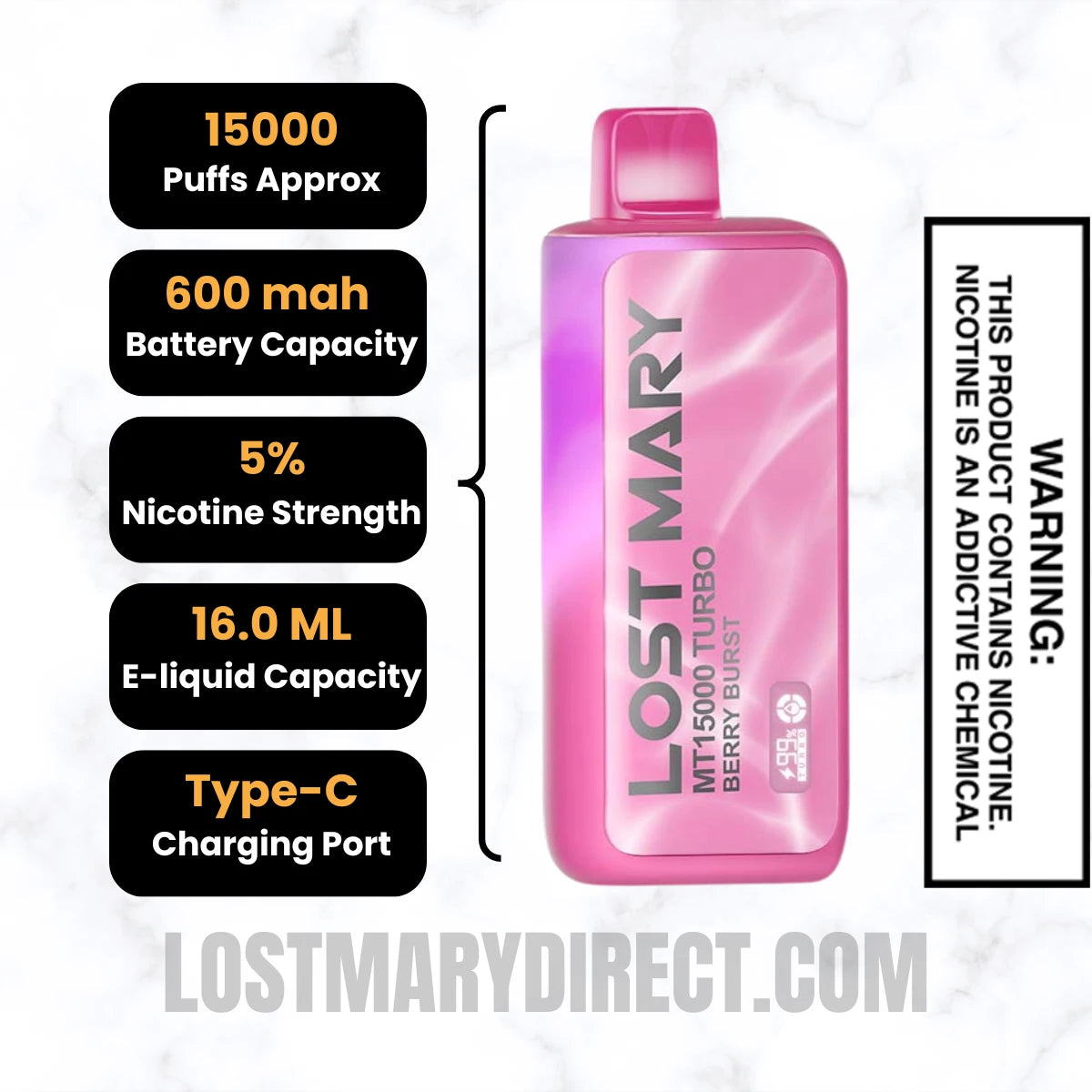 Berry Burst Lost Mary MT15000 TURBO Vape Specifications