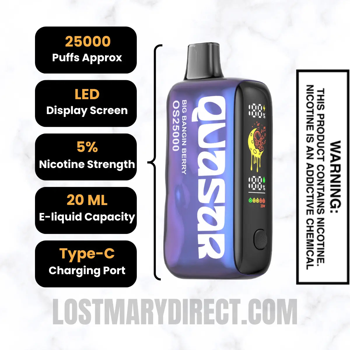 Big Bangin Berry Lost Mary Quasar OS25000 Diposable Vape Specifications
