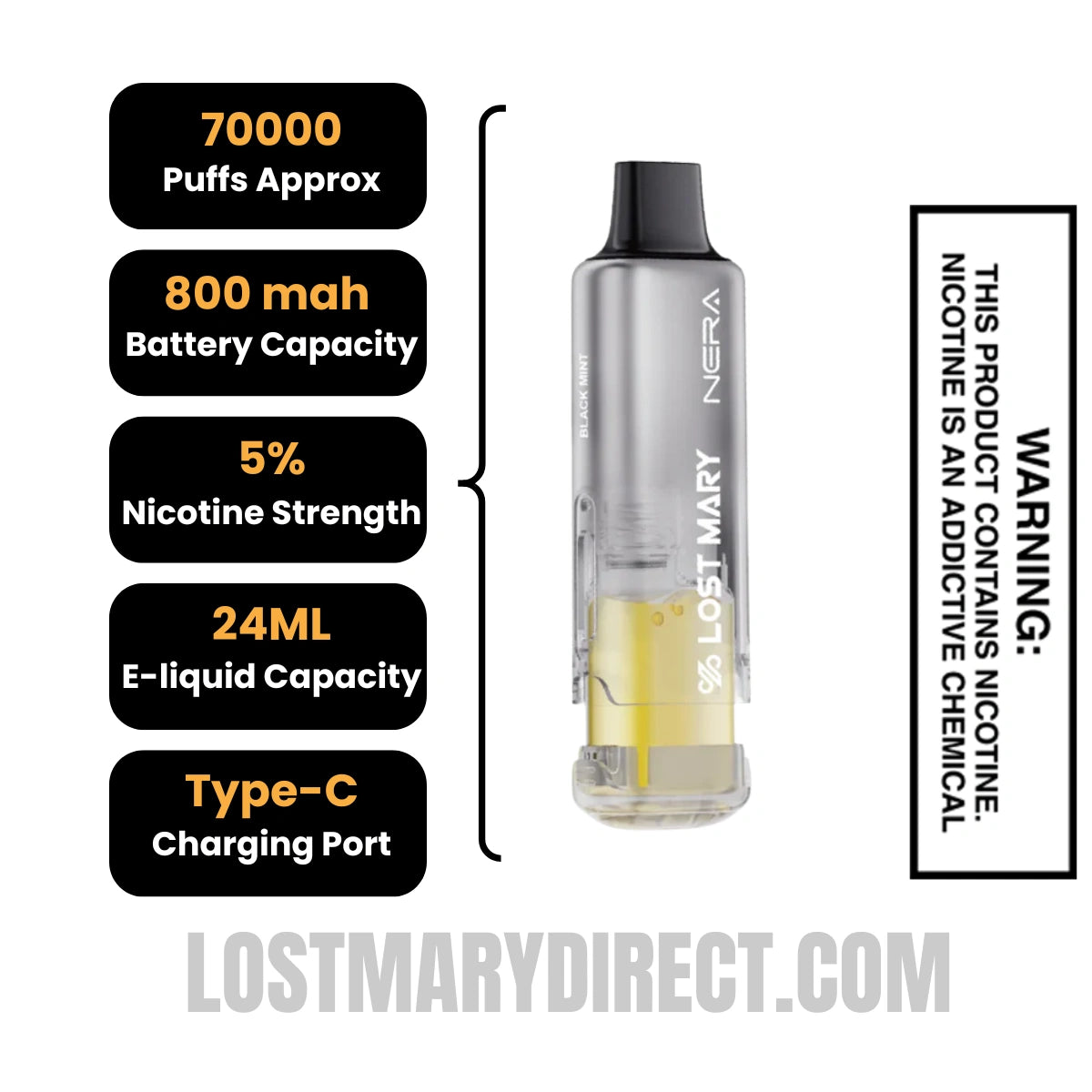 Black Mint Lost Mary Nera Fullview 70k Vape Pod Specifications