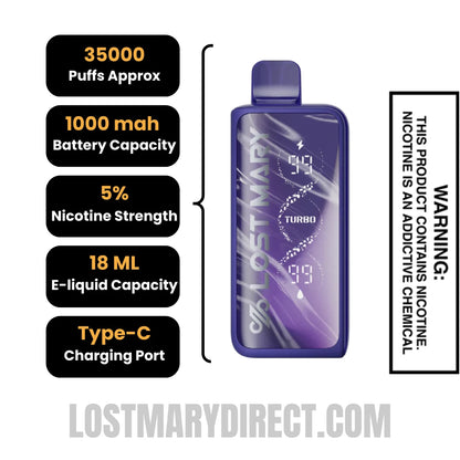 Black Razz Lemon Lost Mary MT35000 Turbo Vape Specification