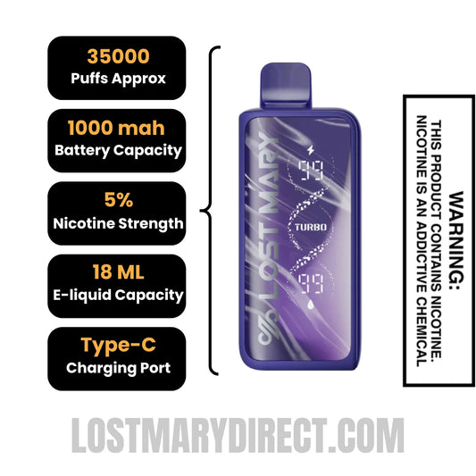 Black Razz Lemon Lost Mary MT35000 Turbo Vape Specification