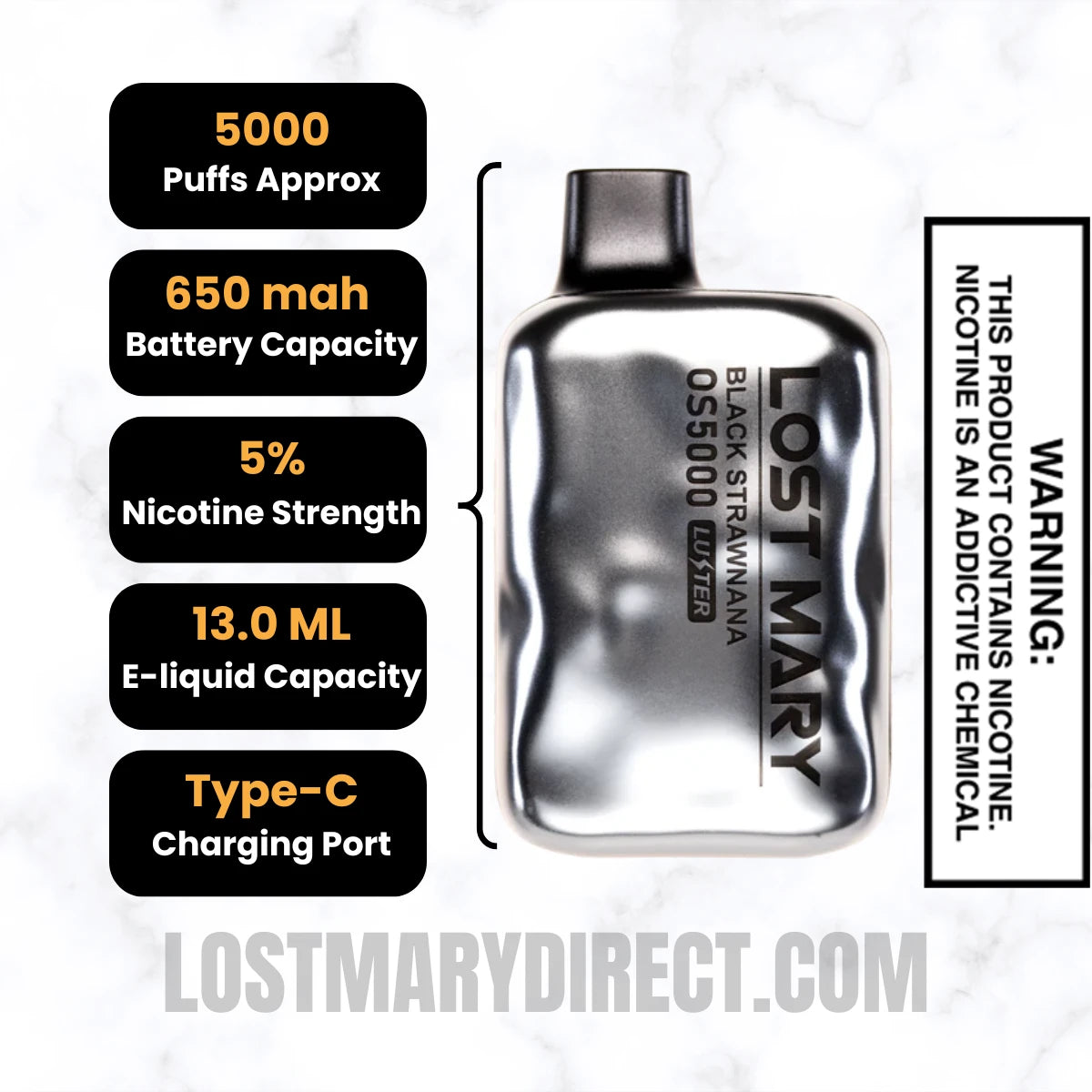 Black Strawnana Lost Mary OS5000 Luster Edition VapeDiposable Vape Specifications