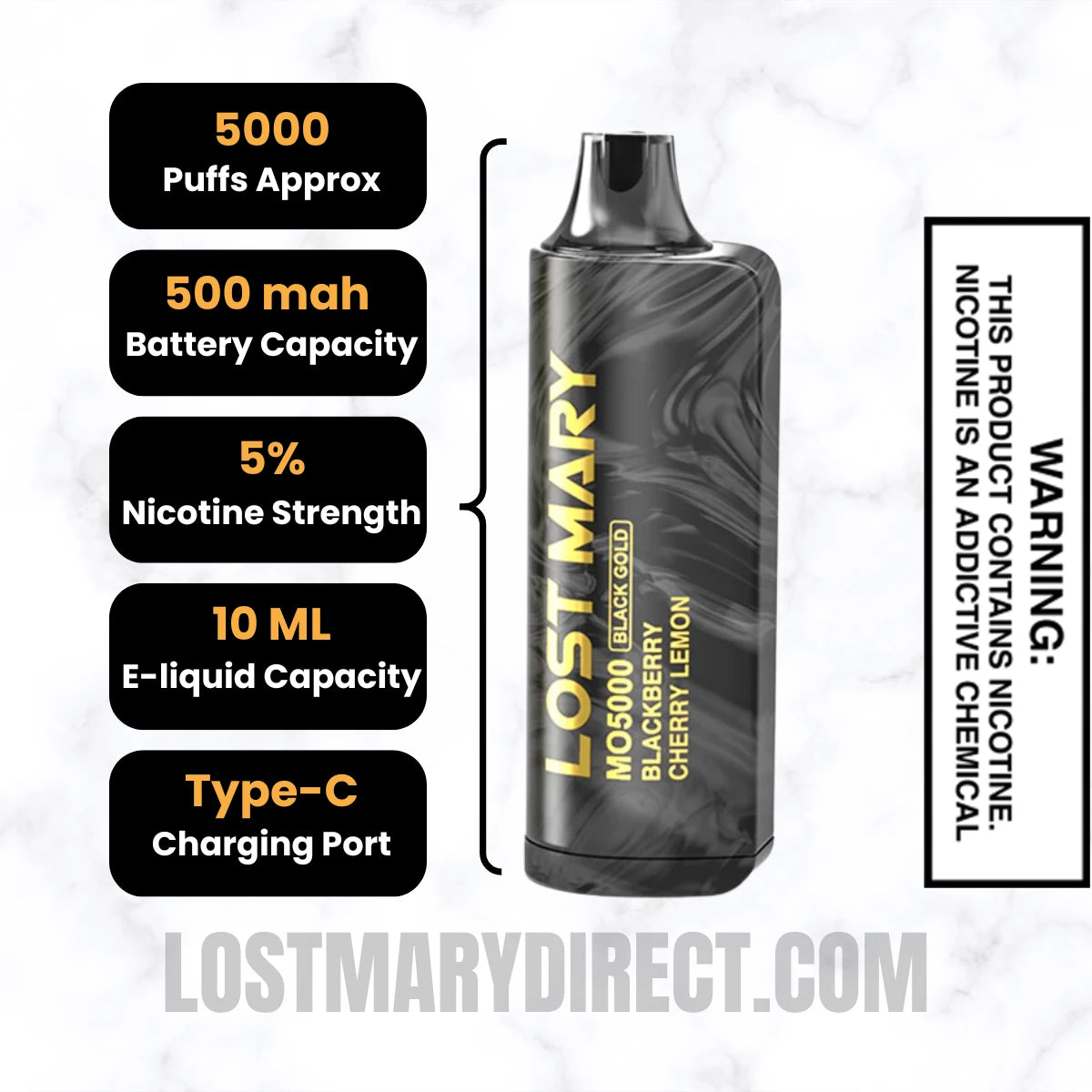 Blackberry Cherry Lemon Lost Mary MO5000 Disposable Vape Specifications