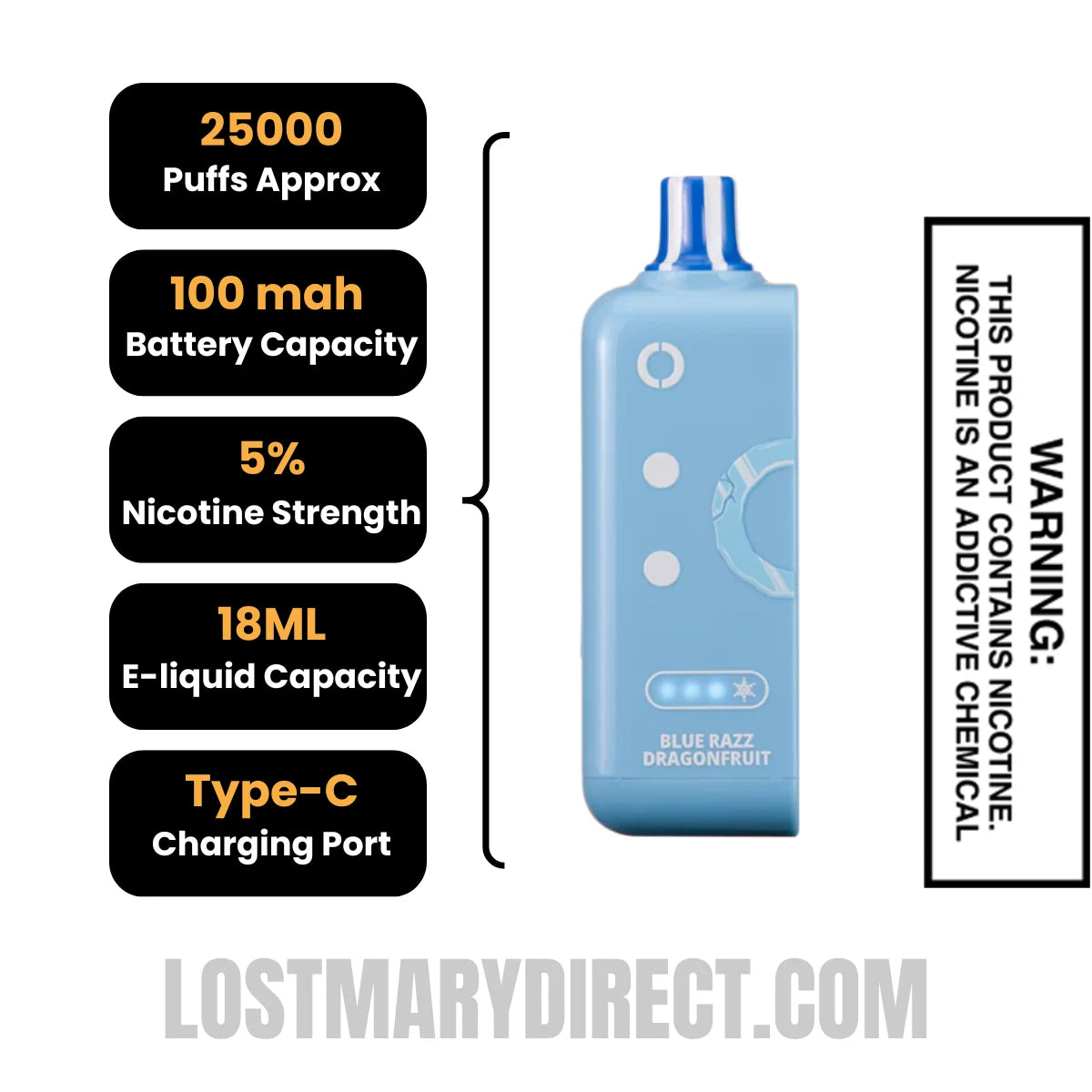 Blue Razz Dragonfruit Off Stamp Ice Cube 25K Disposable Pod with Specification