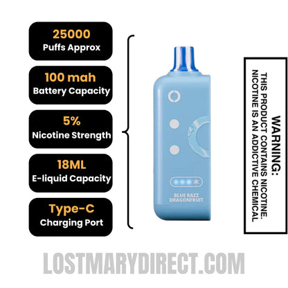 Blue Razz Dragonfruit Off Stamp Ice Cube 25K Disposable Pod with Specification