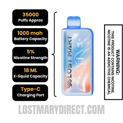 Blue Razz Ice Lost Mary MT35000 Turbo Disposable Vape with Specification