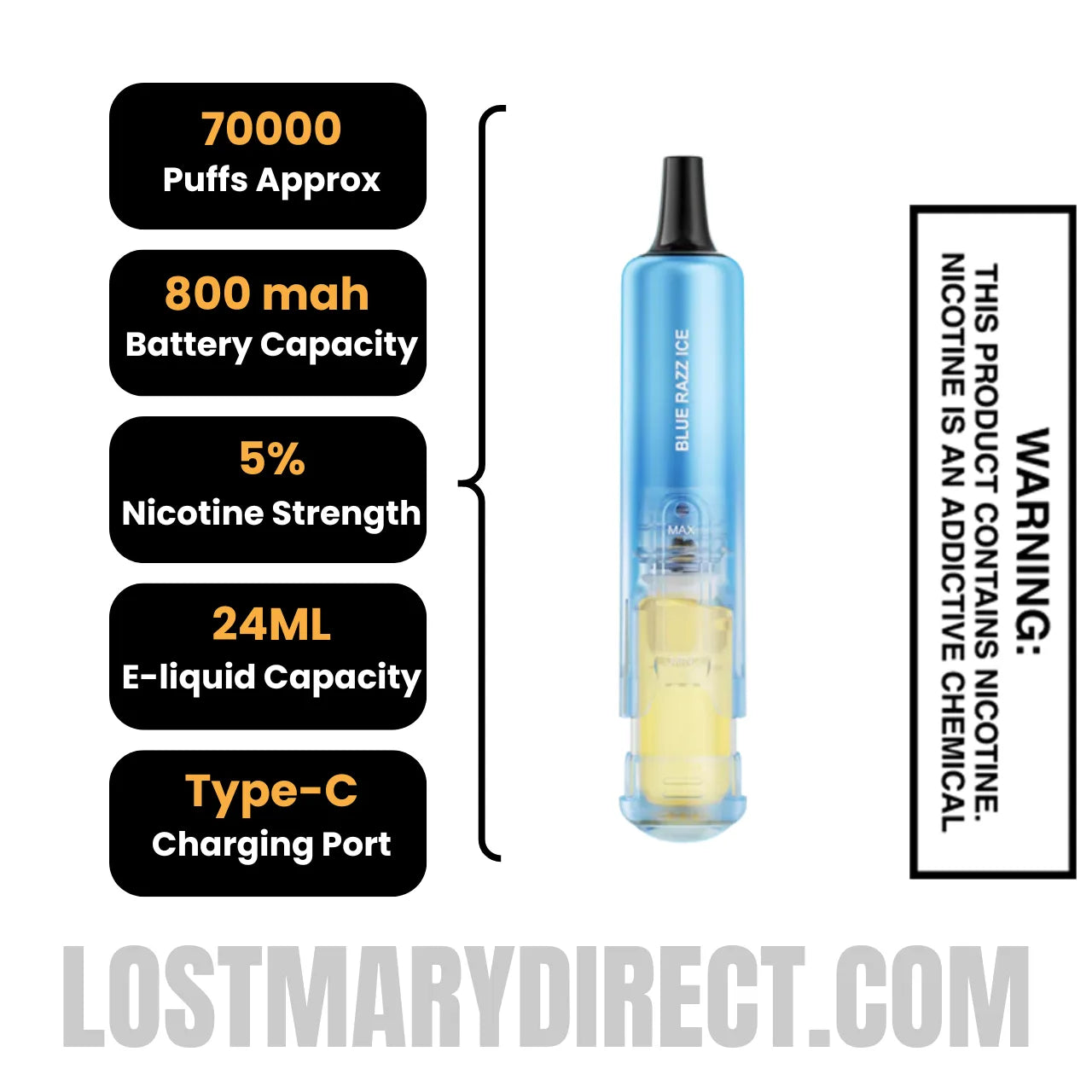 Blue Razz Ice Lost Mary Nera Fullview 70K Vape Pod with Specification