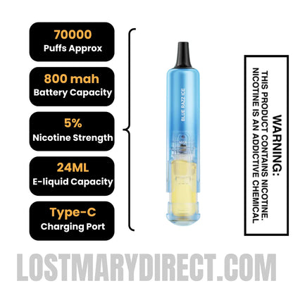 Blue Razz Ice Lost Mary Nera Fullview 70K Vape Pod with Specification