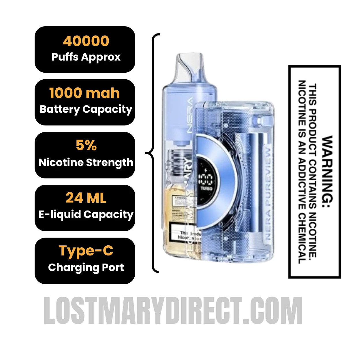 Blue Razz Ice Lost Mary Nera Pureview 40K Vape Kit Specification
