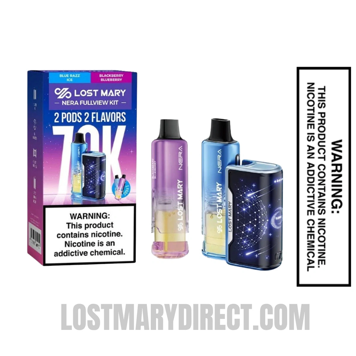 Blue Razz Ice & Blackberry Blueberry Lost Mary Nera Fullview 70K Disposable Vape Kit With Package Box
