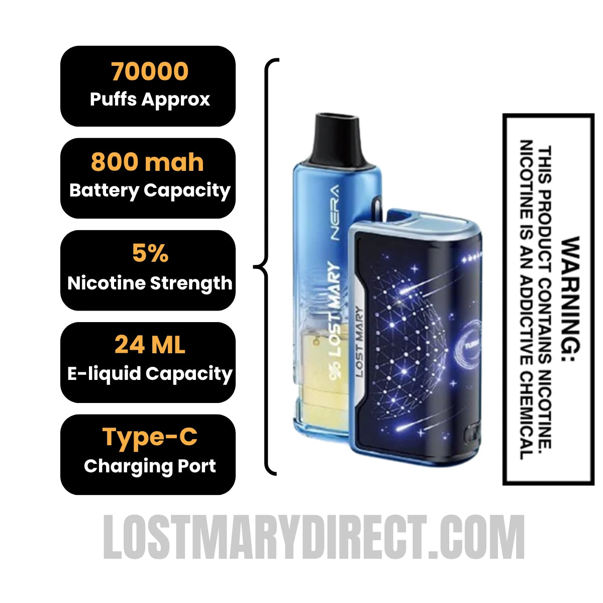Blue Razz Ice & Blackberry Blueberry Lost Mary Nera Fullview 70K Disposable Vape Kit Specifications