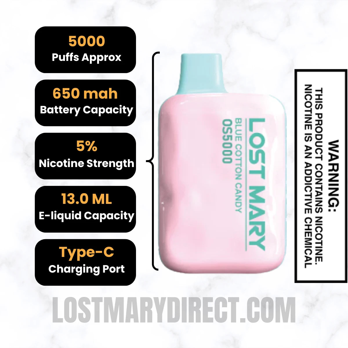 Blue Cotton Candy Lost Mary OS5000 Disposable Vape Specifications