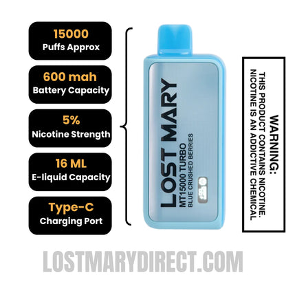 Blue Crushed Berries Lost Mary MT15000 Turbo Specifications