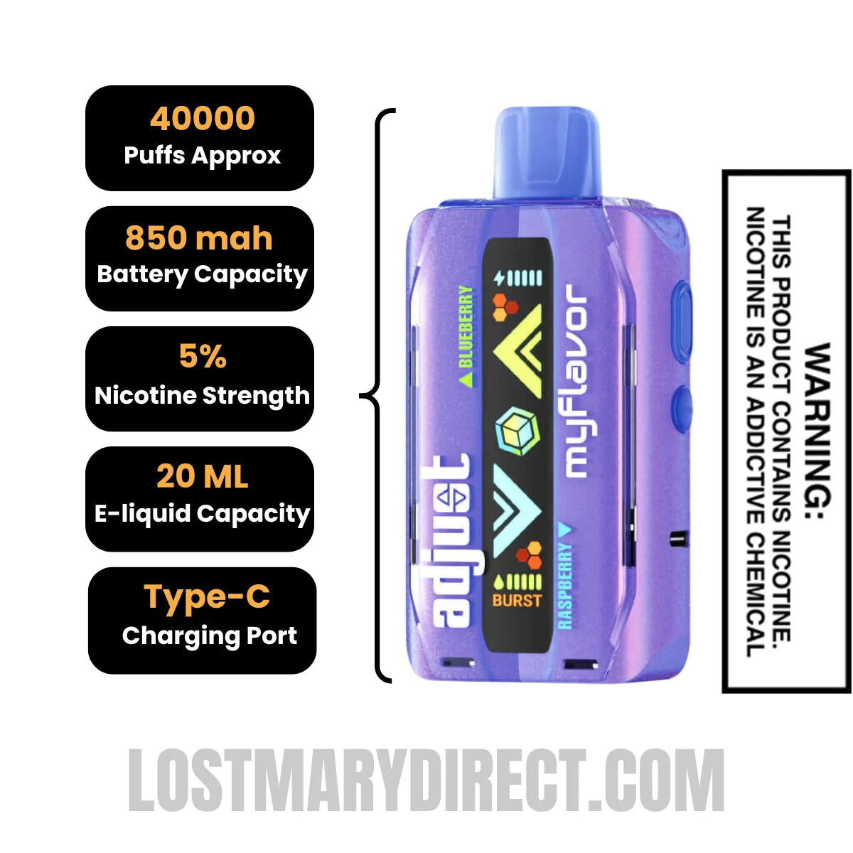 Blue Razz Ice Adjust MyFlavor 40K Disposable Vape Specifcations