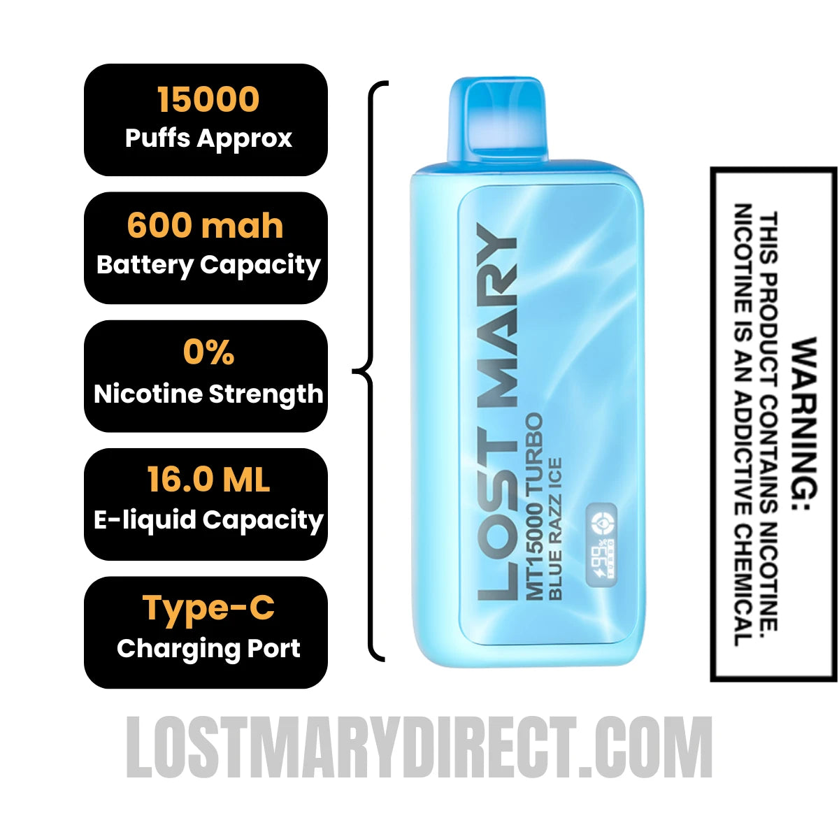 Blue Razz Ice Lost Mary MT15000 Turbo Vape - 0% Nic Specifications