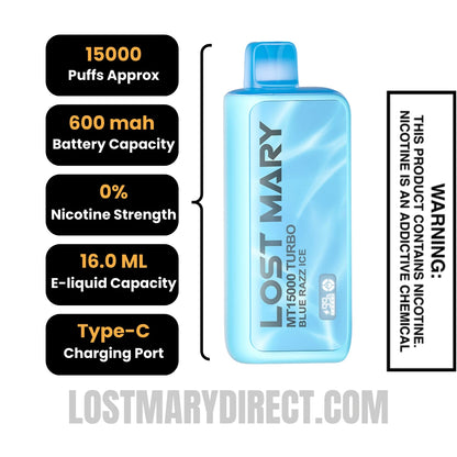 Blue Razz Ice Lost Mary MT15000 Turbo Vape - 0% Nic Specifications