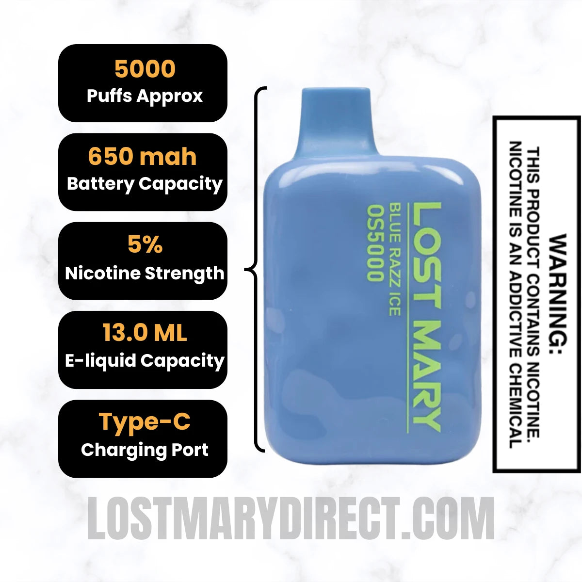Blue Razz Ice Lost Mary OS5000 Disposable Vape Specifications
